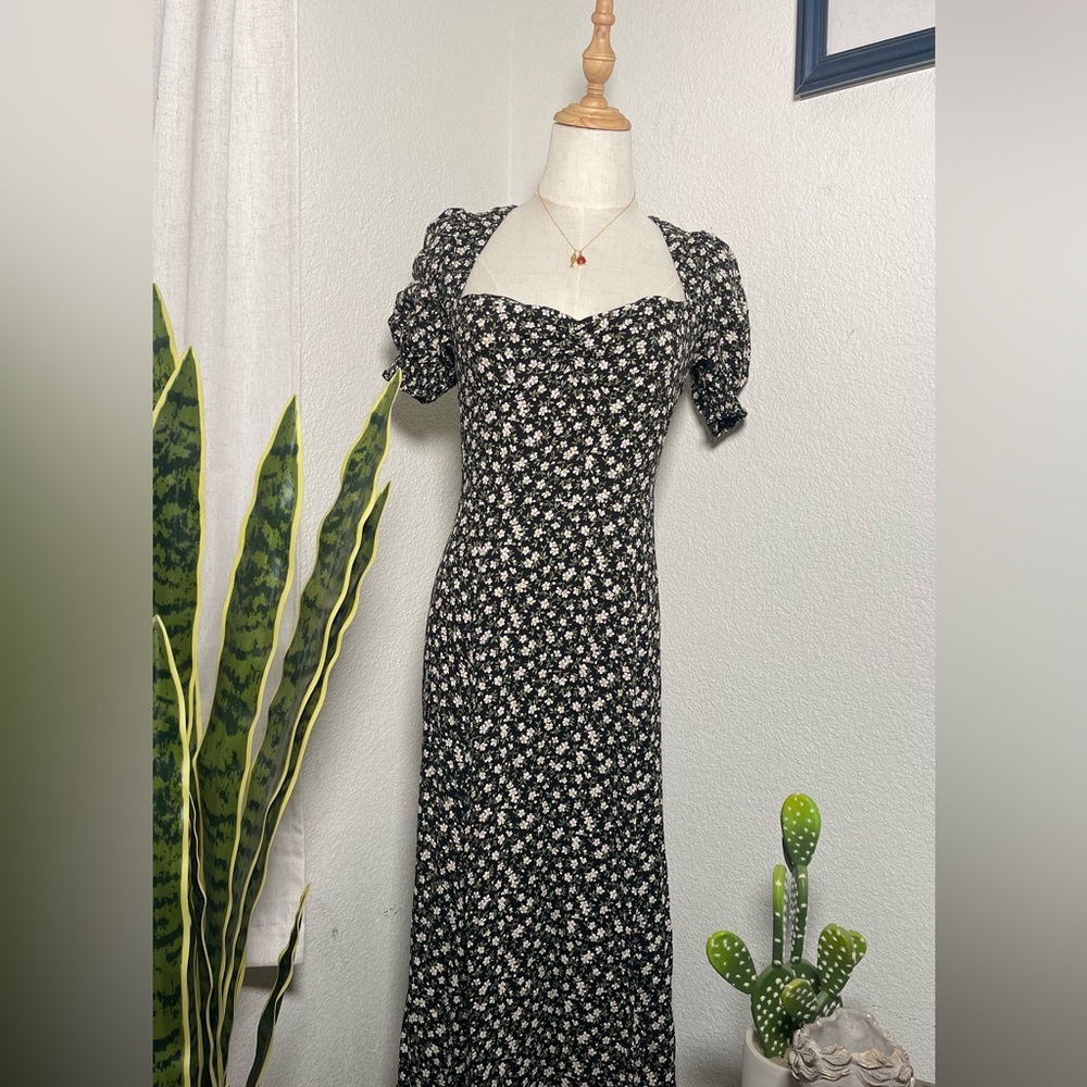 🌼 Reformation Lacey Floral Midi Dress Black Puff Sleeve Sweetheart Size 10
